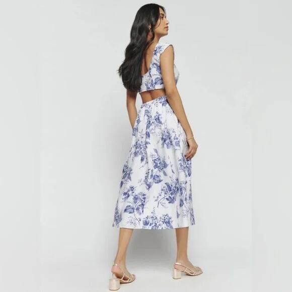 Reformation Teya Linen Two Piece Lupine Size 10 Skirt Crop Top Floral White Blue - Picture 9 of 16